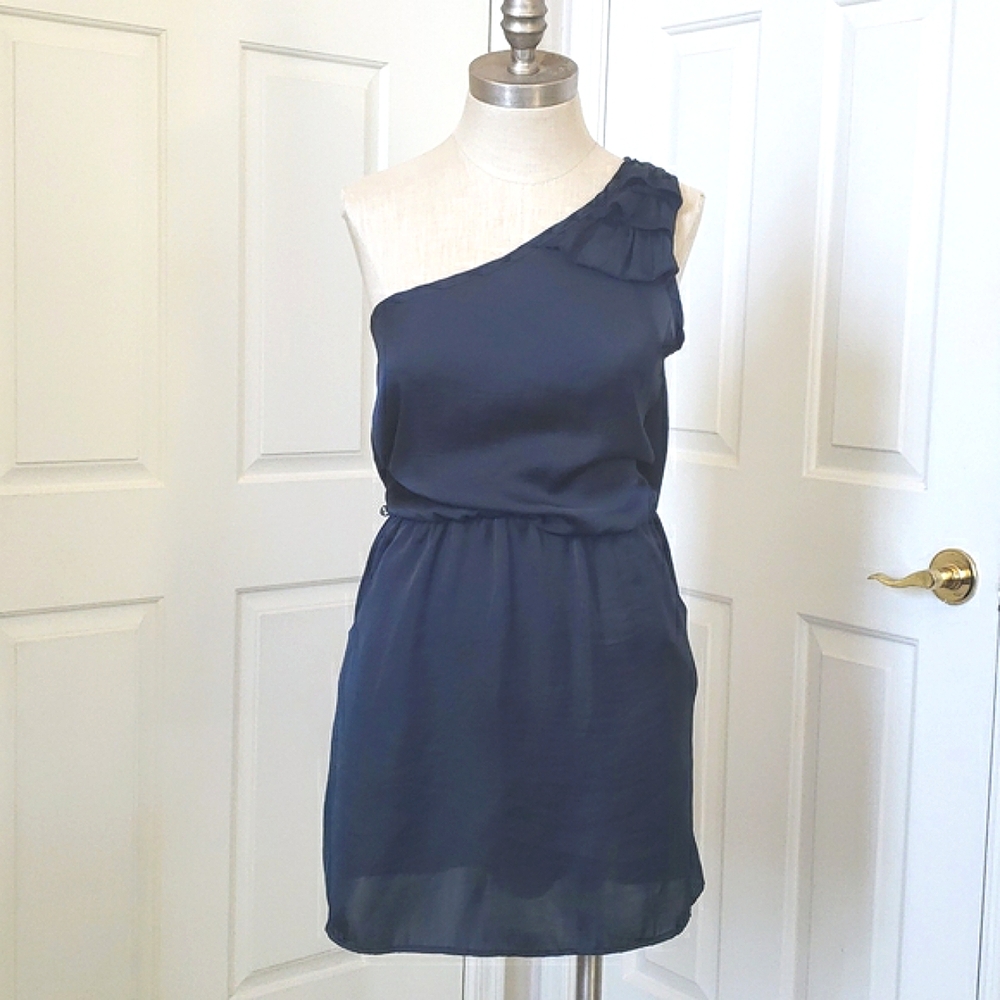 Vintage Y2K One Shoulder Satin Dress Sapphire Blue Ruffle Midi Size Medium - Picture 3 of 9